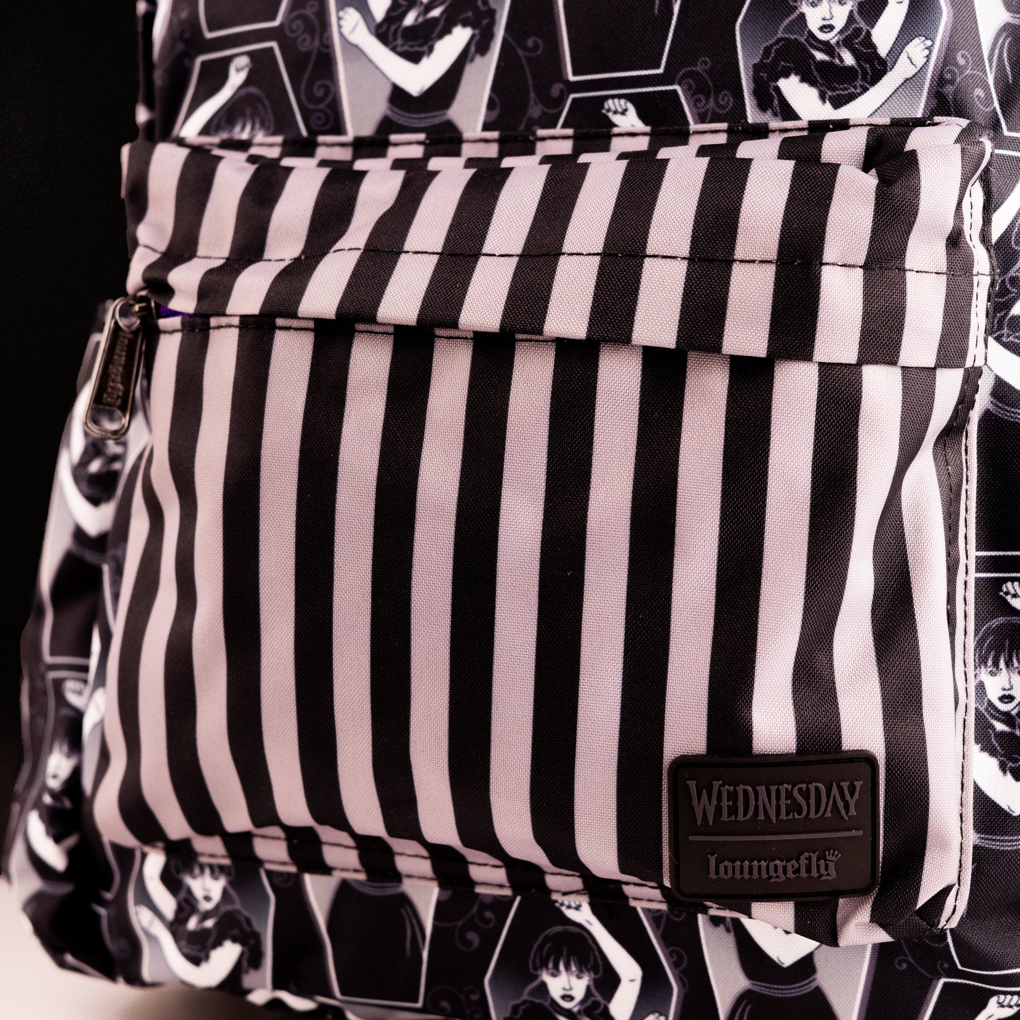 Loungefly x Wednesday Coffin Print Pin Striped Nylon Backpack
