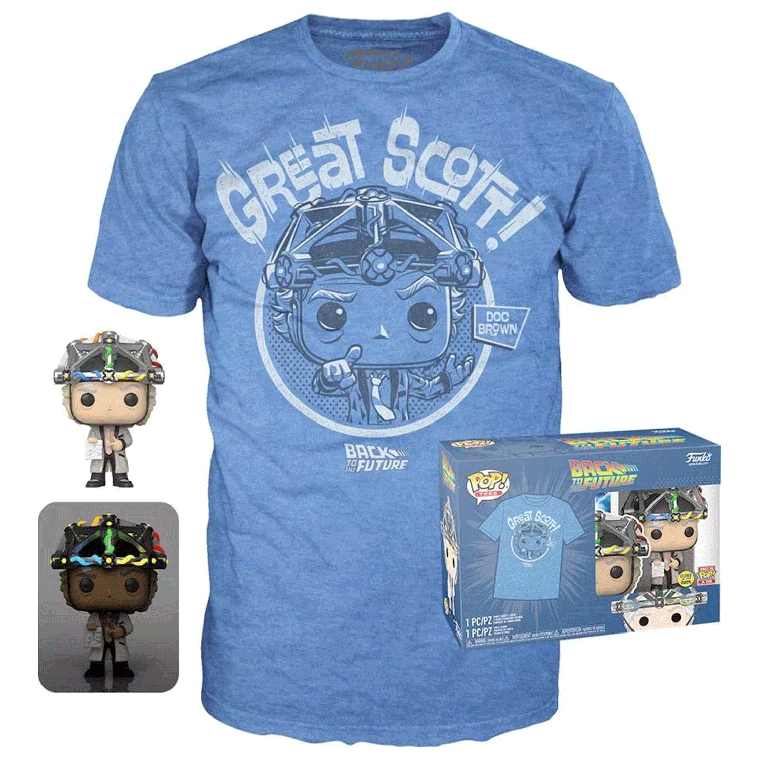 Back To The Future Doc Brown with Helmet Pop! Vinyl and Tee Set - GeekCore