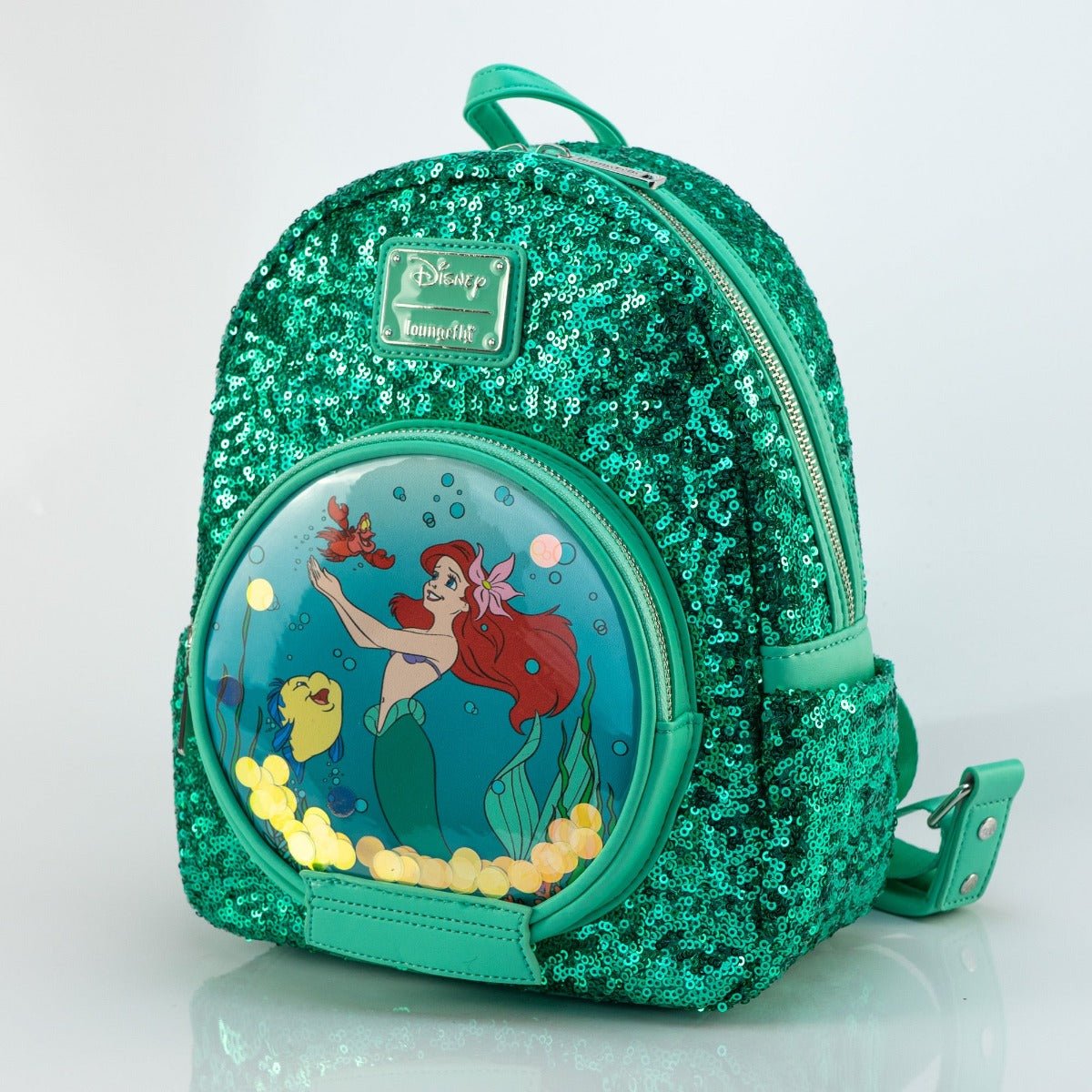 Loungefly x Disney Ariel Snow Globe Emerald Green Sequin Mini Backpack - GeekCore