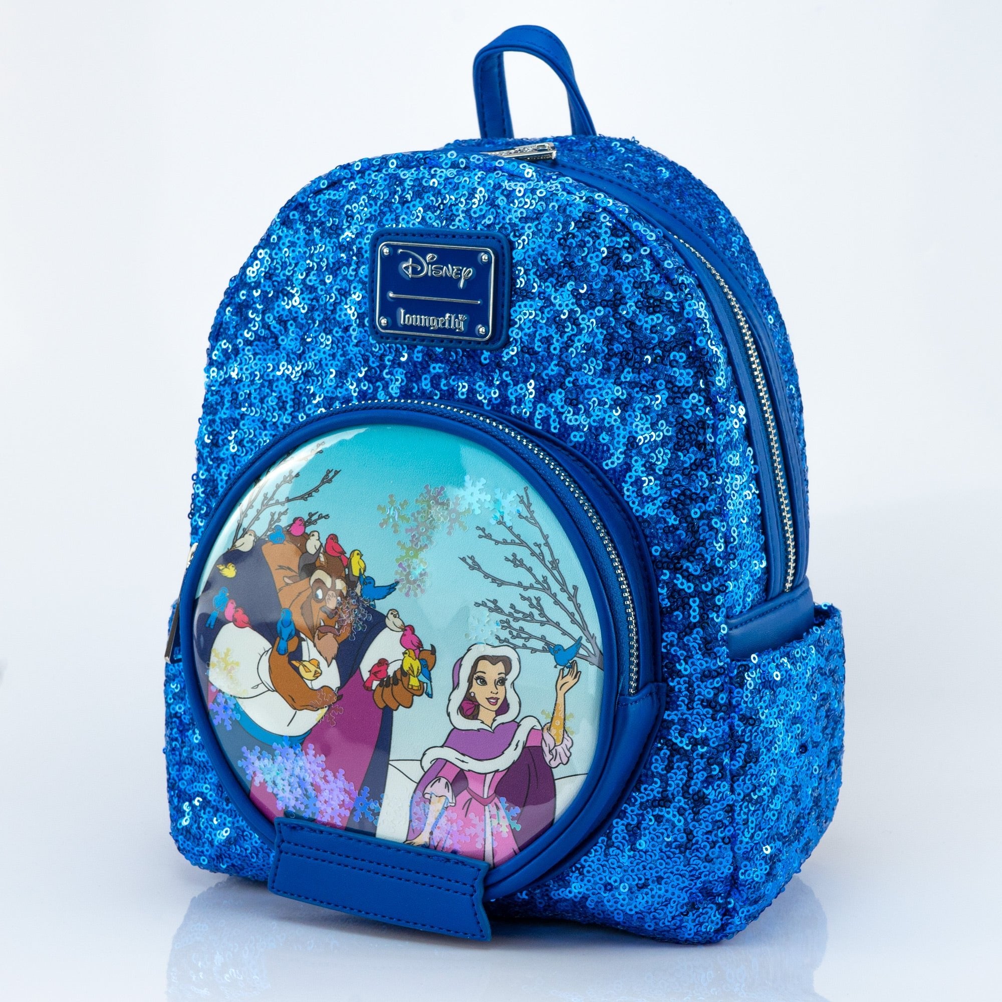 Loungefly x Disney Beauty and the Beast Snow Globe Sapphire Blue Sequin Mini Backpack - GeekCore