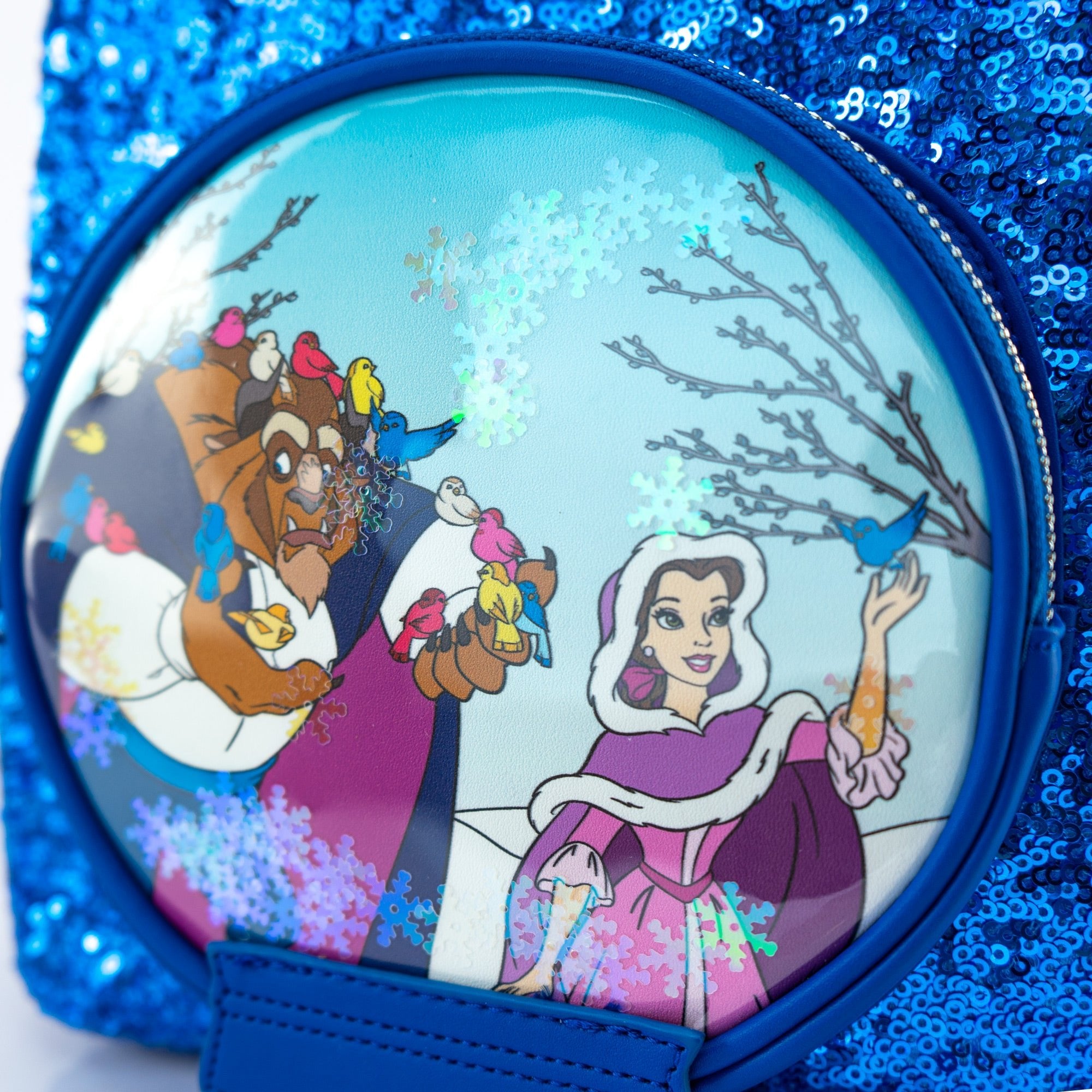 Loungefly x Disney Beauty and the Beast Snow Globe Sapphire Blue Sequin Mini Backpack - GeekCore