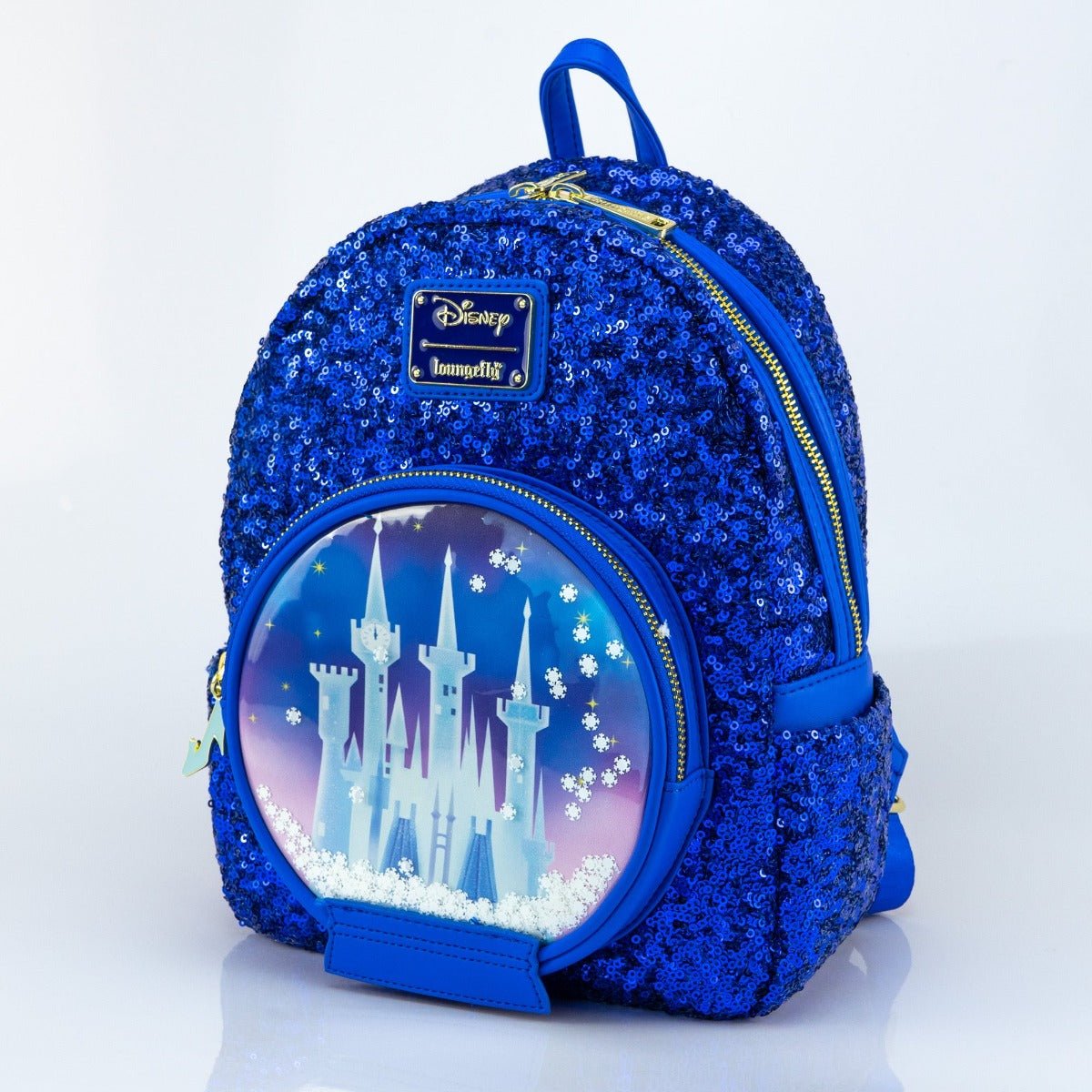Loungefly x Disney Cinderella Castle Snow Globe Royal Blue Sequin Mini Backpack - GeekCore
