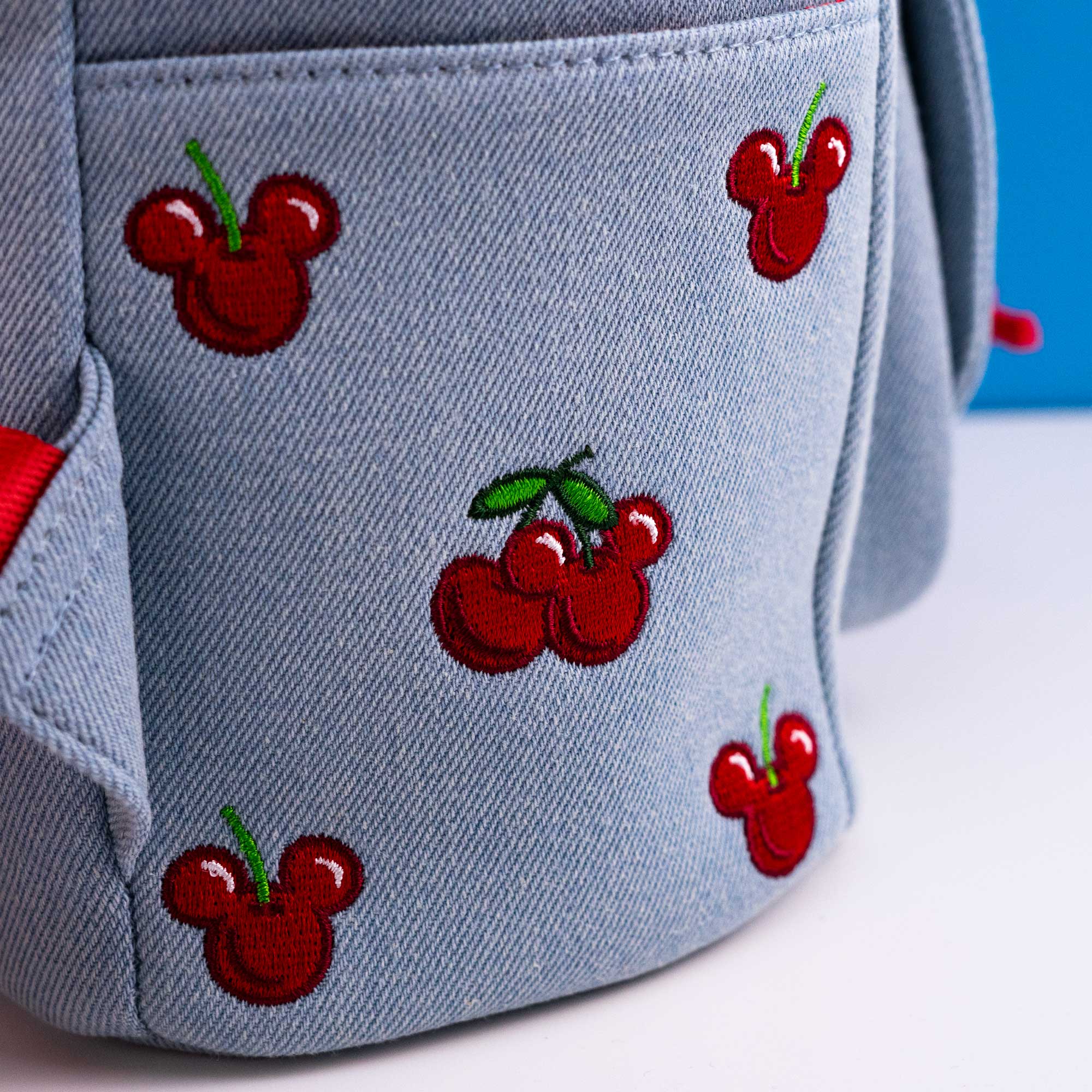 Loungefly x Disney Mickey and Minnie Denim Cherries Canvas Mini Backpack - GeekCore