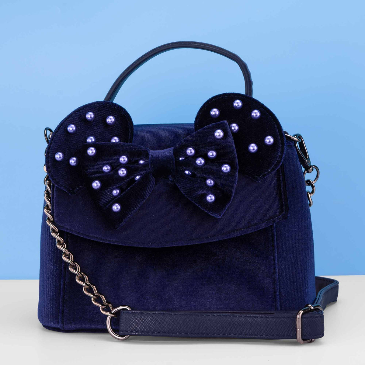 Loungefly x Disney Minnie Cosplay Navy Velvet with Pearls Handbag - GeekCore