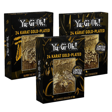 Yu - Gi - Oh 24k Gold Plated Triple Pack Metal God Cards - Ra, Slifer, Obelisk - GeekCore